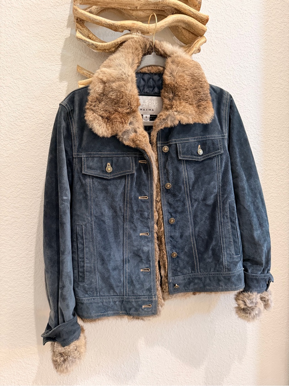 WILSONS LEATHER Women Suede Jacket Removable liner real Fur Trim Sz S 4 -6
